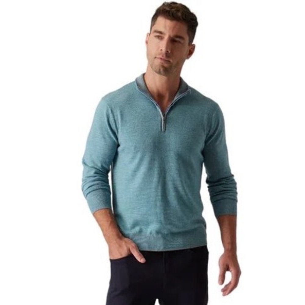 NWOT Roffi Mens Extra Fine Merino Wool Quarter Zip Sweater Teal Mock Neck XL